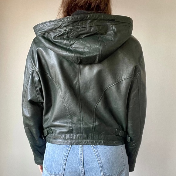 80’s Green leather bomber jacket with hoodie - Picture 8 of 9